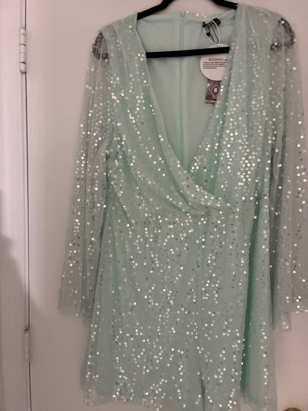Boohoo Mint Sequin Wrap Romper shorts with Sheer Long Sleeves